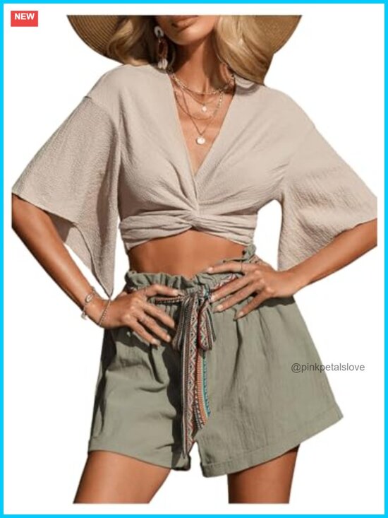 Tops - Wrap Knot Front Blouse Deep V Neck Flare Half Sleeve Cropped Boho Top